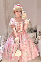 Robe Lolita douce grande taille à imprimé rose gemme rose avec manches courtes bouffantes, volants et nœud papillon